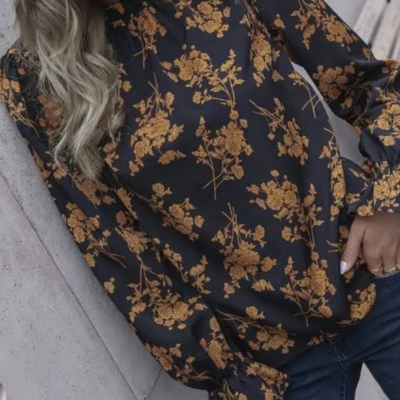 Bellanblue Tops Bohemian Yellow Floral Print Ruffle Classic Top Black Blouse - Picture 2 of 3